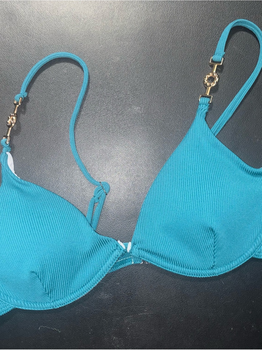 Ribbed Teal Swim Bra with Gold Accent Hardware